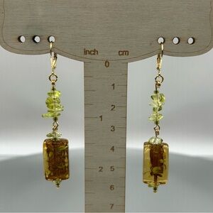 Peridot Gemstones & Art Glass Beaded Dangle Earrings on 18K GP